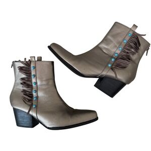 Crazy Train Silver Metallic Fringe Western Booties Turquoise Womens 9 Festival